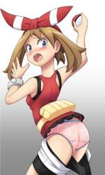 blush childish_panties embarrassed euf-dreamer may_(pokemon) may_(pokemon_oras) panties pantsed pantsing pink_panties pokeball pokemon print_panties sharking shorts_down