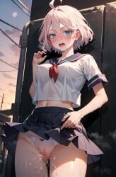 ai_generated green_eyes nipples pink_hair public pussy sailor_uniform senju_kawaragi tokyo_revengers