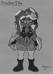 absurd_res big_nipples boots breasts cephalopod clothing crop_top english_text female footwear hi_res looking_at_viewer marina_(splatoon) marine mollusk monochrome nintendo nipples octarian octoling off_the_hook_(splatoon) shirt signature sonomatic splatoon tentacle text topwear zipper