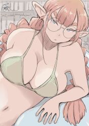 bikini bookshelf braid breasts brown_hair cleavage dated elf female glasses green_bikini grey_eyes hadashi_no_kenji highres indoors large_breasts long_hair long_sleeves looking_at_viewer lying navel on_side pointy_ears solo swimsuit tanken_hakken_boku_no_isekai_elf-san thick_eyebrows twin_braids twintails