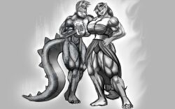 2girls abs biceps big_breasts big_muscles breasts cylnx feline feline female hair huge_breasts large_breasts large_muscles long_hair muscles muscular muscular_female pecs reptile tail