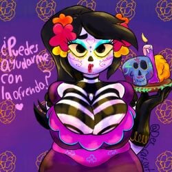 big_breasts boob_window catalina_la_catrina clothed dex_cat_art dia_de_los_muertos female female_only huge_breasts no_bra