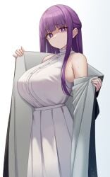 absurdres breasts commentary dress female fern_(sousou_no_frieren) half-closed_eyes highres huge_breasts long_dress looking_at_viewer mijikayo purple_eyes purple_hair shaded_face simple_background sleeveless sleeveless_dress solo sousou_no_frieren symbol-only_commentary two-sided_robe undressing white_background white_dress