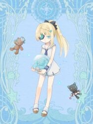 black_bow blonde_hair blue_eyes blue_nails bow braid dairoku_ryouhei dress eyepatch female flower flower_over_eye full_body hair_ornament hairbow hairclip hat holding holding_stuffed_toy innertube long_hair looking_at_viewer lucy_bluebell ponytail sailor_collar sailor_dress sailor_hat sandals solo stuffed_animal stuffed_cat stuffed_toy teddy_bear white_dress white_sailor_collar wristband yume_eyes_(tw)