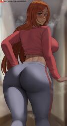 ass bleach blurry blurry_background blush breasts curvy female highres indoors inoue_orihime large_breasts long_hair long_sleeves looking_at_viewer looking_back orange_hair oroborusart pants pink_shirt savagexthicc shirt solo tight_clothes tight_pants yoga_pants