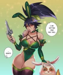 akali big_breasts black_hair breasts bunny_ears bunny_girl bunnysuit cottontail_teemo female female_only league_of_legends mambolina simple_background solo_female solo_focus tattoo teemo text_bubble thick_thighs tight_clothing tight_fit