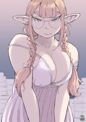 braid breasts brown_hair cleavage dress elf female glasses hadashi_no_kenji highres large_breasts looking_at_viewer paper_stack pointy_ears smile solo strap_slip tanken_hakken_boku_no_isekai_elf-san thick_eyebrows tsurime twin_braids twintails upper_body white_dress