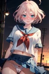 ai_generated green_eyes pink_hair public pussy sailor_uniform senju_kawaragi tokyo_revengers