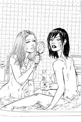 2girls bath bathtub cassandra_hack cat_curio female female_only hack/slash image_comics monochrome naked nude tim_seeley