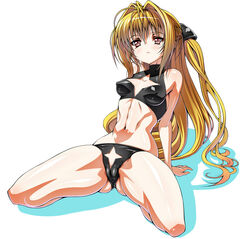 :< bikini blonde_hair cameltoe clitoris erect_nipples golden_darkness inagaki_(iii) kneeling konjiki_no_yami latex long_hair simple_background skin_tight solo spread_legs swimsuit to_love-ru