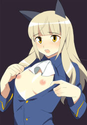 1girls animal_ear blonde_hair blush breasts clothing cravat female flat_chest hekyu long_hair military military_uniform nipples open_clothes open_mouth open_shirt perrine_h_clostermann shirt small_breasts solo strike_witches suyoko uniform yellow_eyes