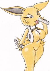 anthro bottomless breasts color dildo eeveelution female female_only fur furry jolteon legs nintendo nipples pokemon pokemon_(species) pokemorph pussy pussy_juice roy_mccloud solo standing tagme tongue tongue_out vulva white_fur yellow_fur