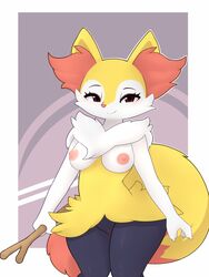 2017 anthro areola braixen breasts canine dipstick_tail eyelashes female female_focus female_only fur furry furry_only hi_res holding_object inner_ear_fluff looking_at_viewer mammal multicolored_fur multicolored_tail naked nintendo nipples nude pinkcappachino pokémon_(species) pokemon pokemon_(species) pussy smile solo solo_female solo_focus stick tail video_games