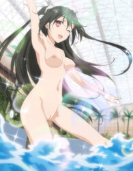 black_hair breasts female highres long_hair mayo_chiki! navel nipples nude nude_filter photoshop pointy_chin pool pussy smile solo suzutsuki_kanade uncensored water wink zenra