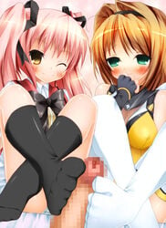 1boy 2girls artist_request black_socks blush bow breasts brown_hair censored choukou_sennin_haruka clothed_female double_footjob erect_nipples erect_nipples_under_clothes feet female footjob footjob_with_legwear footwear highres jpeg_artifacts legwear long_hair male medium_hair mosaic_censoring penis pink_hair shihoudou_narika sitting sockjob socks stockings tabi takamori_haruka teamwork thighhighs thighs twintails white_socks wings