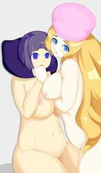 breasts caitlin_(pokemon) color female female_only hair hat human human_only long_hair multiple_females multiple_girls nipples nude pokemon pokemon_bw shauntal_(pokemon) short_hair tagme yuri