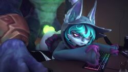 1boy 1girls 3d abs animal_ears animated ass big_ass bored bored_sex bottomless casual_sex distracted distracted_sex emotionless expressionless female furry gaming glowing_genitalia glowing_penis hoodie keyboard keyboard_(computer) knot league_of_legends long_sleeves makeup multitasking pink_eyes prone_bone sex sound straight tagme teal_hair tired_eyes twitchyanimation unimpressed uninterested vex_(league_of_legends) video warwick werewolf yordle