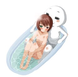 1girls ambiguous_gender bath bathing bathtub blushing brown_eyes brown_hair color colored doll female flat_chest ghost green_eyes half-closed_eyes heterochromia human nude red_eyes rozen_maiden souseiseki tub washing washing_back water wet