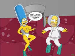 blue_hair breasts clothes color english_text female hair homer_simpson human male marge_simpson nipples tagme text the_simpsons wvs yellow_skin