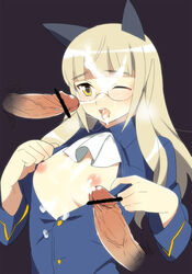 animal_ear blonde_hair blush breasts censored clothing cravat cum cum_in_mouth cum_on_body cum_on_breasts cum_on_upper_body flat_chest glasses hekyu long_hair military military_uniform nipples open_clothes open_mouth open_shirt penis perrine_h_clostermann shirt small_breasts strike_witches suyoko tongue uniform wink yellow_eyes