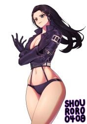 2d artist_name bikini black_bikini black_border black_gloves black_hair black_jacket border breasts cleavage crop_top ear_covers female female_only gloves highres jacket large_breasts light-skinned_female light_skin lips long_hair long_sleeves midriff navel nico_robin one_piece pale-skinned_female pale_skin parted_lips post-timeskip shouroro simple_background solo standing studded studded_sleeves swimsuit thighs