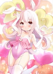 2023 animal_ears arms_up balloon blush breasts choker cleavage covered_navel elbow_gloves female garter_straps gloves groin heart_balloon high_heels highres kiyo_(yamazoe1122) leotard long_hair looking_at_viewer number_balloon original pink_eyes pink_hair pink_leotard playboy_bunny rabbit_ears rabbit_girl shoes solo strapless strapless_leotard thighhighs thighs white_gloves white_thighhighs