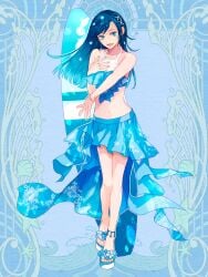 :d aoi_fujimiya bare_arms bare_legs bare_shoulders blue_background blue_eyes blue_hair blue_skirt dairoku_ryouhei earrings female flower full_body gradient_hair hair_flower hair_ornament hand_up haze_(tw) jewelry legs long_hair multicolored_hair navel ring sandals skirt smile solo surfboard toeless_footwear toes x_hair_ornament