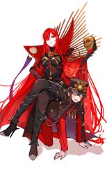 1boy all_fours black_hair brother_and_sister cape crossed_legs fate/grand_order fate_(series) female fiery_hair hair_over_one_eye hat high_heels highres human_chair human_furniture long_hair malesub oda_nobukatsu_(fate) oda_nobunaga_(fate) oda_nobunaga_(maou_avenger)_(fate) red_cape red_eyes red_hair siblings sitting sitting_on_person skull smile twitter_username very_long_hair yui_(tamagohan)