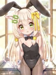 animal_ear_fluff animal_ears artist_name ass_visible_through_thighs black_leotard black_pantyhose blonde_hair blush bow bowtie breasts cat_ears cat_girl covered_navel detached_collar fake_animal_ears female green_eyes groin hair_ornament hairbow hairclip hazakura_hinata highleg highleg_leotard highres indoors leotard long_hair looking_at_viewer open_mouth original pantyhose playboy_bunny rabbit_ears ribbon sitting small_breasts solo strapless strapless_leotard thighs wrist_cuffs