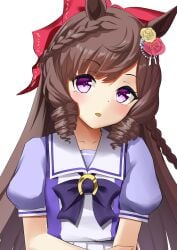 animal_ears ao_komhur blush bow braid brown_hair commentary_request daiichi_ruby_(umamusume) drill_hair ear_ornament female highres horse_ears long_hair looking_at_viewer parted_lips pleated_skirt puffy_short_sleeves puffy_sleeves purple_bow purple_eyes purple_shirt red_bow shirt short_sleeves side_drill simple_background skirt solo summer_uniform umamusume upper_body very_long_hair white_background white_skirt