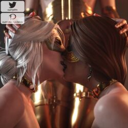 2girls 3d anna_henrietta cerys_an_craite ciri collar currysfm female kissing masks red_hair the_witcher_(series) the_witcher_3:_wild_hunt white_hair yuri