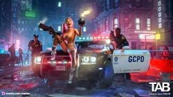 1girls 2023 3d batman_(series) dc dc_comics dodge_challenger fanart female gun harley_quinn holding_gun holding_object holding_rifle holding_weapon huge_breasts nude nude_female outdoor outdoor_nudity outdoors outside police police_officer public public_nudity tab109 tagme weapons