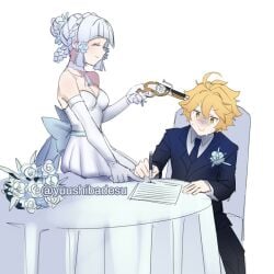 1boy 1girls aether_(genshin_impact) ahoge black_necktie black_suit blonde_hair dress female flower forced forced_marriage forced_wedding funny genshin_impact gloves gun handgun held_at_gunpoint highres holding holding_gun holding_weapon hoyoverse kamisato_ayaka marriage_certificate_(object) mihoyo necktie pen pistol smile suit sweatdrop table threat twitter_username weapon wedding wedding_dress wheellock white_background white_gloves white_hair yandere yellow_eyes yuushiba