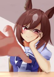 animal_ears ao_komhur blush breasts brown_hair closed_mouth commentary ear_ornament female hair_between_eyes head_rest highres horse_ears long_hair looking_at_viewer medium_breasts multicolored_hair outstretched_hand puffy_short_sleeves puffy_sleeves purple_shirt red_eyes school_uniform shirt short_sleeves sirius_symboli_(umamusume) smile solo streaked_hair table tracen_school_uniform umamusume upper_body white_hair