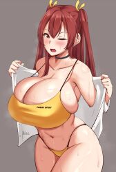 armpits breasts cleavage collarbone ear_piercing earrings english_commentary female fukuda_reika grey_background hair_between_eyes hair_ribbon huge_breasts jewelry long_hair navel oerba_yun_fang one_eye_closed open_mouth original piercing red_eyes red_hair ribbon shiny_skin shirt simple_background skindentation solo sports_bikini standing steaming_body sweat thighs twintails unbuttoned unbuttoned_shirt undersized_clothes undressing white_shirt yellow_ribbon yua_(argaoffroad)