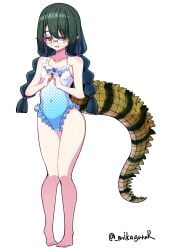 absurdres artist_name blue-framed_eyewear blue_one-piece_swimsuit colored_eyelashes crocodilian_tail female frilled_one-piece_swimsuit frills full_body glasses green_hair hands_up highres long_hair looking_to_the_side low_twintails mikagura one-piece_swimsuit open_mouth original pointy_ears reptile_girl round_eyewear simple_background slit_pupils solo standing swimsuit tail twintails twitter_username white_background yellow_eyes