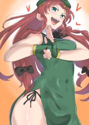 black_panties china_dress chinese_clothes clenched_hand dress excited female fingerless_gloves from_below gloves green_dress green_eyes green_gloves green_headwear highres hong_meiling long_hair own_hands_together panties panty_peek red_hair sleeveless sleeveless_dress sobayu_to_tenpura solo thighs touhou underwear