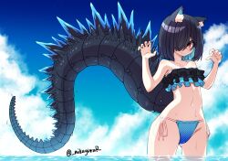 animal_ear_fluff animal_ears artist_name bikini black_bikini black_hair blue_background blue_bikini blue_hair blue_sky cat_ears claw_pose closed_mouth cloud colored_inner_hair cowboy_shot female frilled_bikini frills hair_over_one_eye hands_up highres lizard_tail looking_at_viewer mikagura multicolored_hair orange_eyes original short_hair sky smile solo spines standing swimsuit tail twitter_username wading water wet