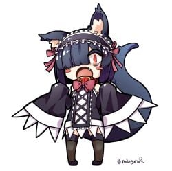 animal_collar animal_ear_fluff animal_ears artist_name black_dress black_hair blush_stickers bow bowtie cat_ears chibi collar detached_sleeves dress female full_body hair_over_one_eye hands_up lizard_tail looking_at_viewer maid maid_headdress mikagura oerba_yun_fang open_mouth orange_eyes original pigeon-toed red_collar short_hair simple_background sleeves_past_fingers sleeves_past_wrists solo standing tail thighhighs twitter_username very_long_sleeves white_background