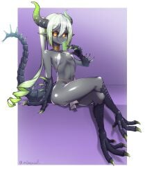 animal_feet animal_hands black_sclera blue_tongue breasts claws closed_mouth colored_eyelashes colored_sclera colored_skin colored_tongue digitigrade drill_hair female forked_tongue full_body green_hair green_horns grey_horns grey_skin halterneck hand_up highres horns jewelry long_hair looking_at_viewer mikagura monster_girl neck_ring original pelvic_curtain pointy_ears purple_background sidelocks simple_background sitting slit_pupils small_breasts smile solo tail tongue tongue_out twintails yellow_eyes