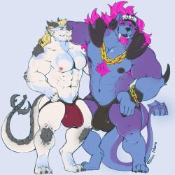 abs anthro balls_outline beard big_balls big_bulge big_penis blonde_hair bulge canid canine chains chest_tuft demon dragon duo fur furry hair horns jockstrap male male_only muscular muscular_anthro muscular_arms muscular_legs muscular_male necklace nipples nogard_krad_nox pectorals penis_outline pink_fur reptile scalie tail tilionmaia