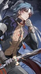 1boy bandaged_hand bandages black_gloves blade_(honkai:_star_rail) chinese_clothes closed_mouth earrings eucha expressionless gloves grey_pants highres holding holding_sword holding_weapon honkai:_star_rail honkai_(series) jewelry long_hair long_sleeves looking_at_viewer male_focus night outdoors pants parted_bangs red_eyes sword upper_body weapon