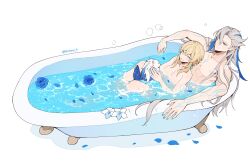 1boy 1boy1girl 1girls bathing bathing_together bathtub blonde_hair blue_flower blue_rose female flower genshin_impact hoyoverse in_water leaning_back light_skin long_hair long_hair_male lumine_(genshin_impact) male male/female mixed_bathing neuvillette_(genshin_impact) quinny_il romantic rose_petals shirtless short_hair short_hair_female smile straight viewed_from_above