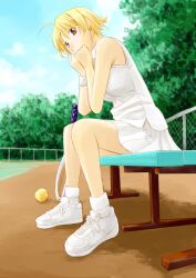 ahoge antenna_hair arm_support ball bare_arms bare_shoulders blonde_hair blue_sky cloud cloudy_sky collared_shirt commentary_request female fence from_below from_side looking_to_the_side original pleated_skirt racket satsuki_mikazu shirt shoes short_hair sitting skirt sky sleeveless sleeveless_shirt sneakers socks solo sportswear tennis_ball tennis_court tennis_racket tennis_uniform white_footwear white_shirt white_skirt white_sneakers white_socks white_wristband wristband yellow_eyes