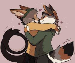2022 anthro black_clothing black_nose brown_body brown_fur clawed_fingers closed_eyes clothed clothing duo embrace fur green_clothing grey_body grey_clothing grey_fur heart hi_res hug male male/male simple_background soyyemilk white_body white_fur