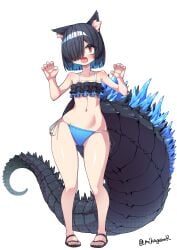 absurdres animal_ear_fluff animal_ears artist_name bikini black_bikini black_hair black_sandals blue_bikini blue_hair blue_sclera cat_ears claw_pose colored_inner_hair colored_sclera ear_down female frilled_bikini frills full_body hands_up highres large_tail lizard_tail looking_at_viewer mikagura multicolored_hair oerba_yun_fang open_mouth orange_eyes original pigeon-toed sandals short_hair simple_background solo spines standing swimsuit tail twitter_username white_background