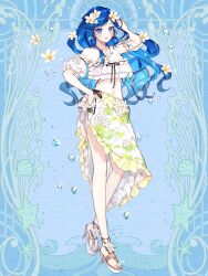 aoi_fujimiya bead_anklet blue_background blue_eyes blush dairoku_ryouhei detached_sleeves earrings female floral_print flower full_body hair_flower hair_ornament hand_on_own_head hand_up high_heels highres jewelry long_hair looking_at_viewer navel necklace red_nails sandals shichimi smile solo standing toeless_legwear very_long_hair water_drop white_footwear