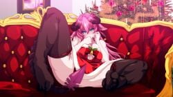 big_breasts blue_eyes breasts covering_pussy feet_focus furry_ears horns irelyth looking_at_viewer pink_hair pink_horns red_dress red_sofa santa_dress socks sofa submissive submissive_female tail torabera