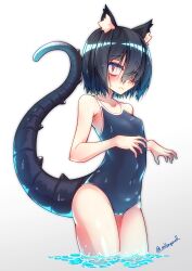 animal_ear_fluff animal_ears black_hair black_one-piece_swimsuit blue_hair cameltoe cat_ears closed_mouth cowboy_shot female gradient_background gradient_hair grey_background hair_over_one_eye hands_up highres lizard_tail looking_at_viewer mikagura multicolored_hair one-piece_swimsuit original red_eyes short_hair solo standing swimsuit tail wading water white_background