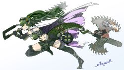 arknights artist_name breasts cape collared_cape crocodilian_tail dreadlocks female gavial_(arknights) gavial_the_invincible_(arknights) goggles goggles_on_head gradient_background green_hair green_skirt grin hand_up highres holding holding_weapon holding_with_tail long_hair looking_to_the_side mask mask_around_neck medium_breasts mikagura oripathy_lesion_(arknights) pink_cape pleated_skirt pointy_ears prehensile_tail reptile_girl respirator running sharp_teeth skirt smile tail teeth twitter_username two-sided_cape two-sided_fabric weapon white_background yellow_eyes